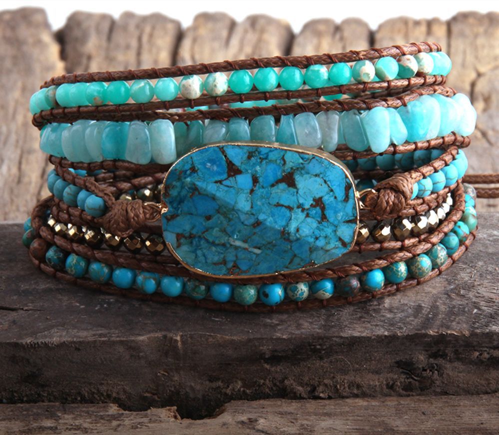 Vintage Natural Cut Stone Leather Bracelet
