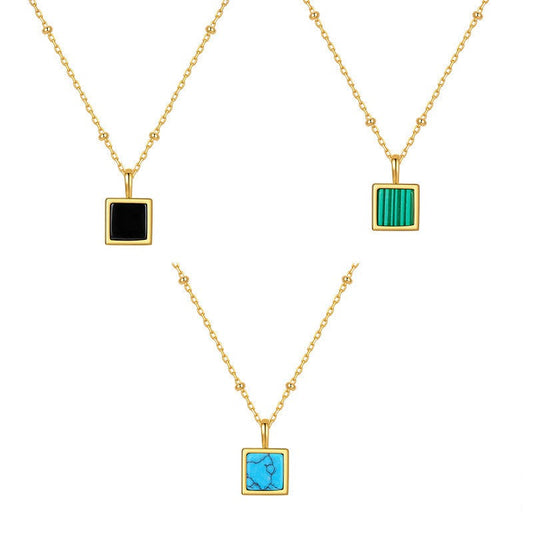 Sterling Silver Square Natural Stone Necklace - Kaldas Online Shopping