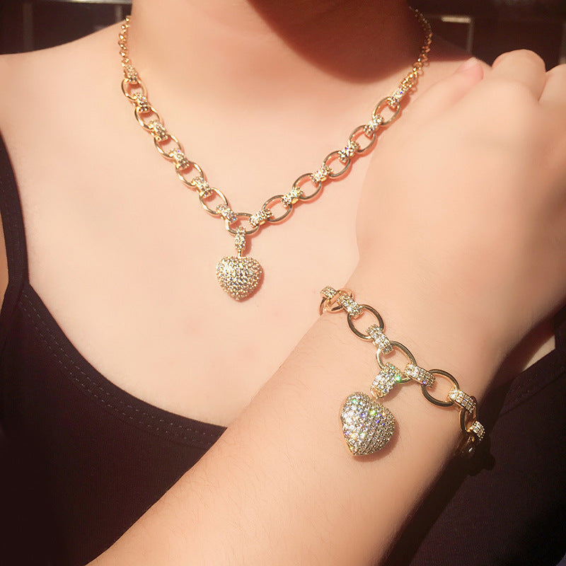 Micro Inlaid Heart-Shaped Necklace - Bracelet Set - Kaldas Online Shopping