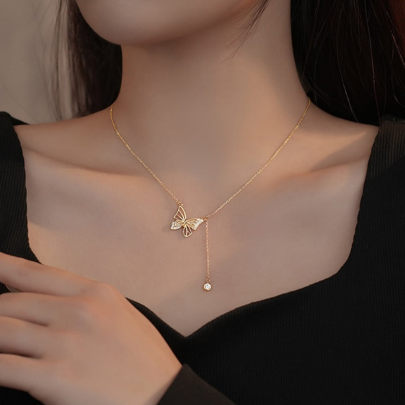 S925 Silver Hollow Butterfly Rhinestone Necklace