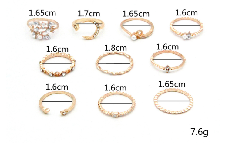 Bohemian Star Moon Love Pearl Leaf 10-Piece Ring - Kaldas Online Shopping