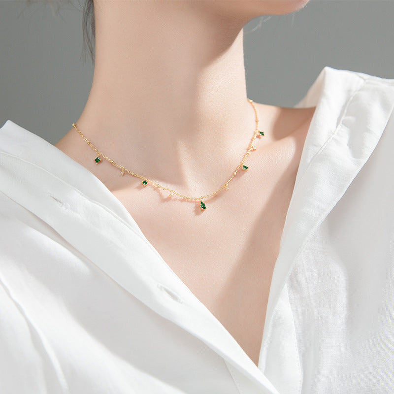 Square Green Water Drop S925 Silver Necklace