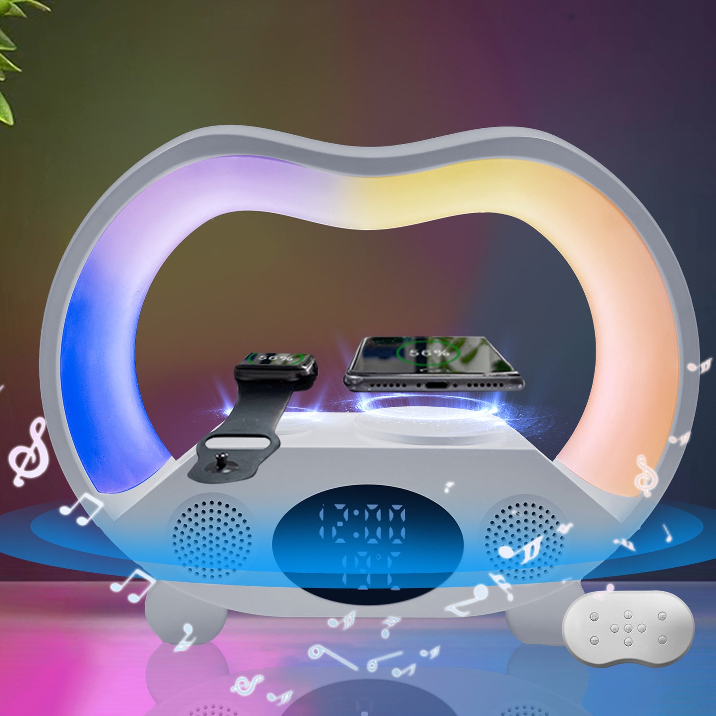 Smart LED Table Lamp:6-in-1 Bluetooth Speaker, Wireless Charger & Remote-Control Night Light
