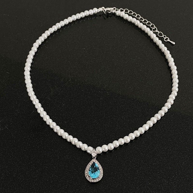 Alloy Blue Zircon Water Drop Pearl Necklace - Kaldas Online Shopping