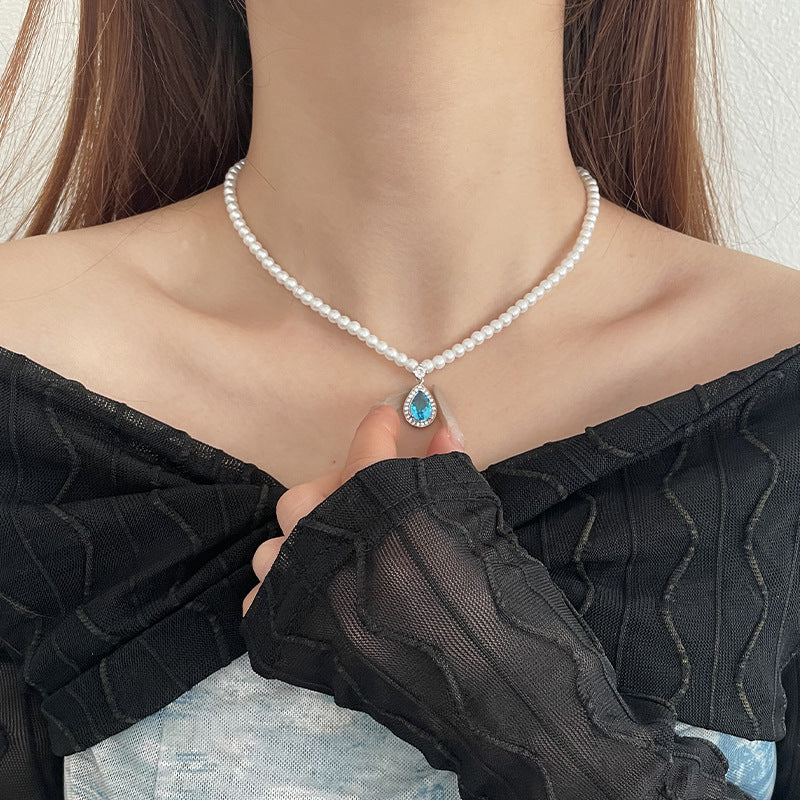 Alloy Blue Zircon Water Drop Pearl Necklace - Kaldas Online Shopping