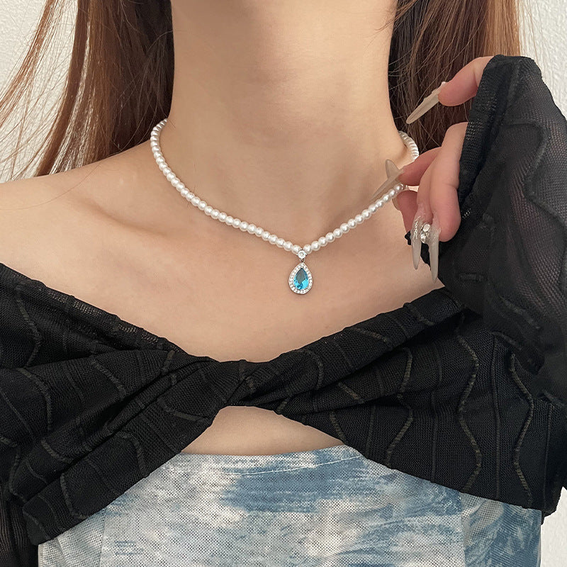 Alloy Blue Zircon Water Drop Pearl Necklace - Kaldas Online Shopping
