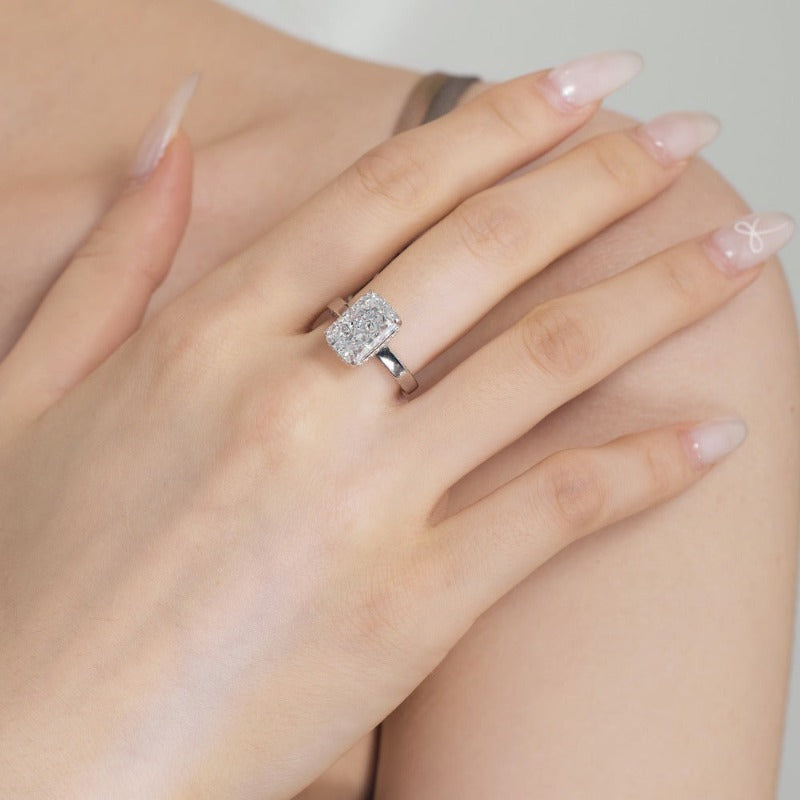 S925 Sterling Silver Rectangular Ice Flower Cut Zircon Ring