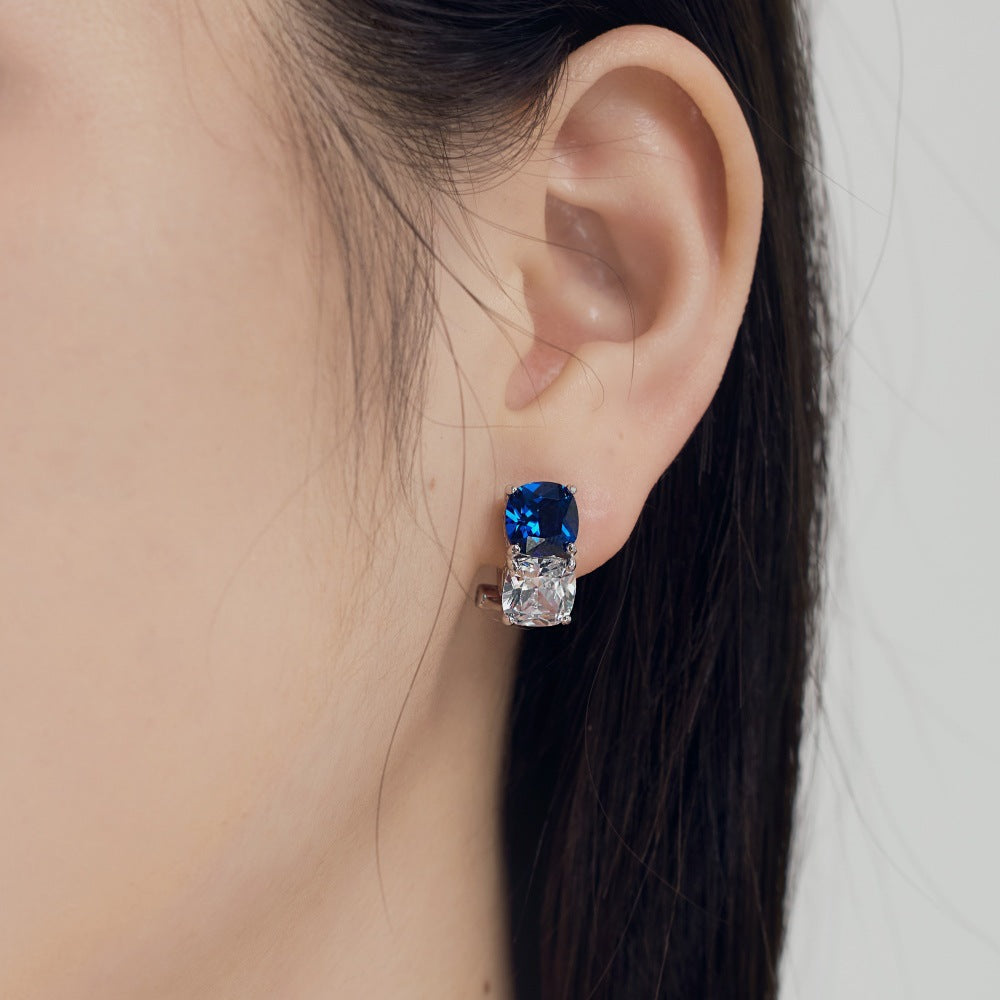 S925 Silver Square White and Blue Zircon Earrings