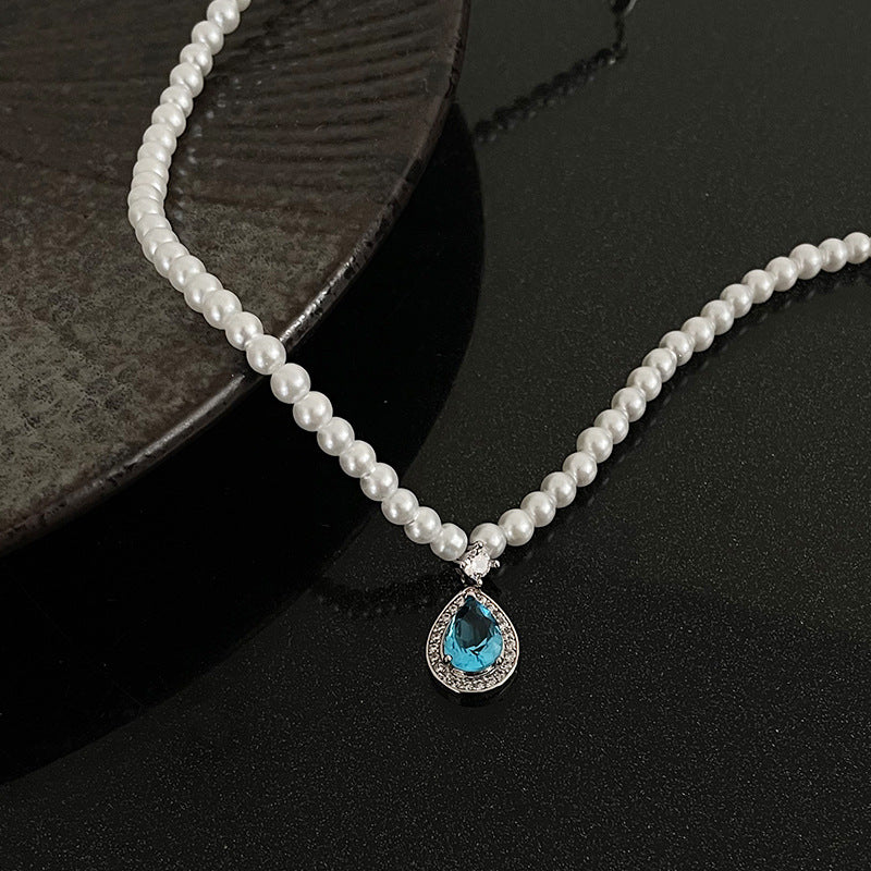 Alloy Blue Zircon Water Drop Pearl Necklace - Kaldas Online Shopping