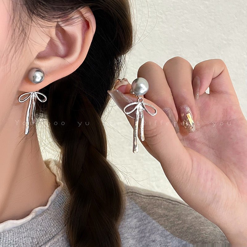 Silver Bow Pearl Earrings
