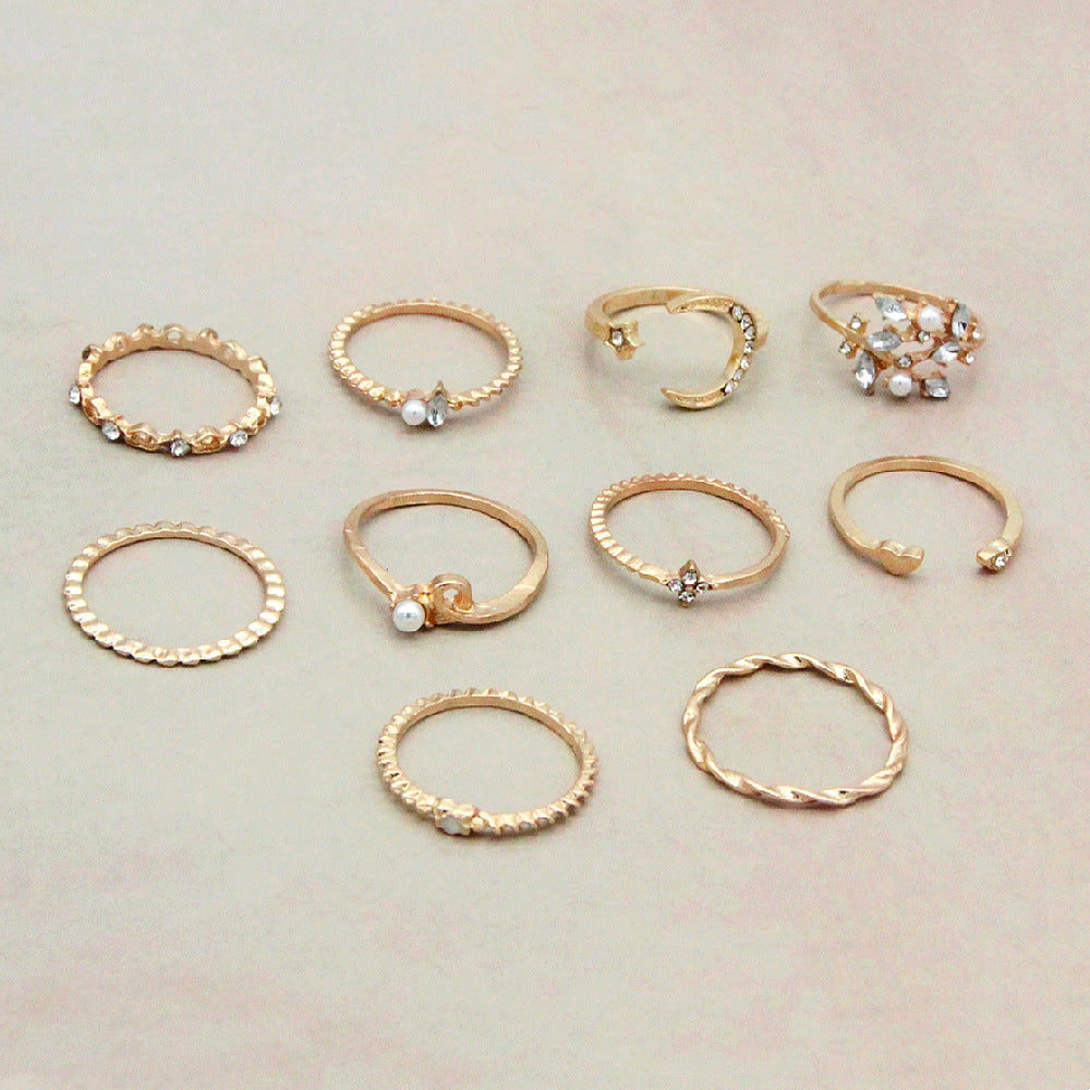Bohemian Star Moon Love Pearl Leaf 10-Piece Ring - Kaldas Online Shopping