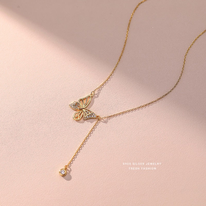 S925 Silver Hollow Butterfly Rhinestone Necklace