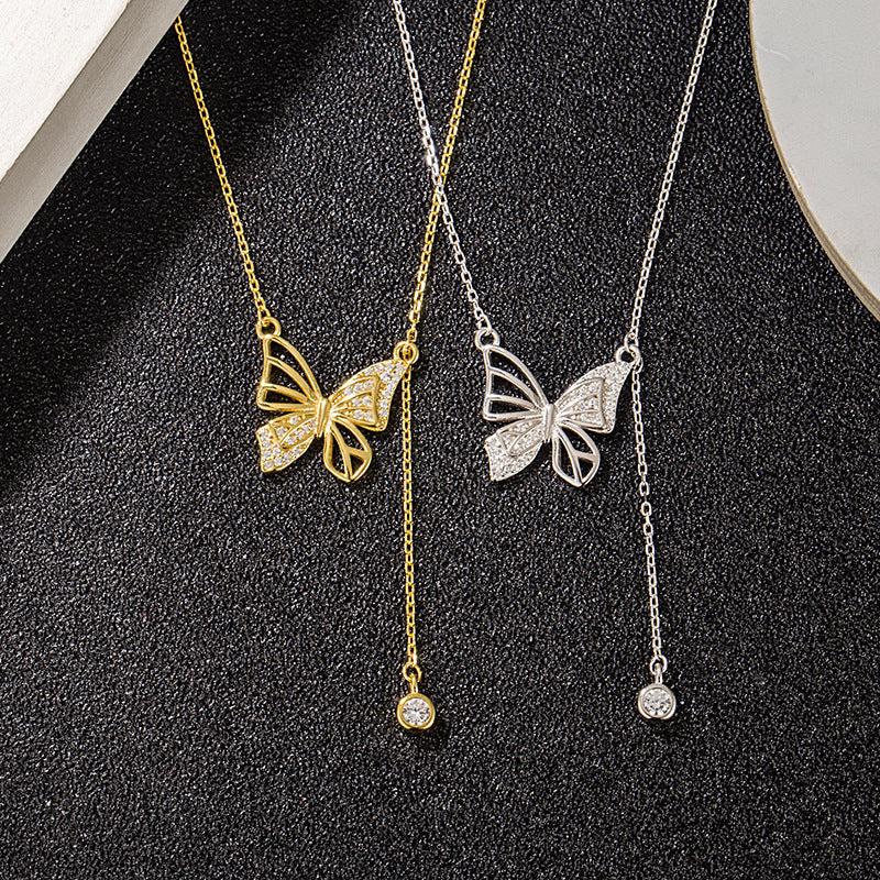 S925 Silver Hollow Butterfly Rhinestone Necklace