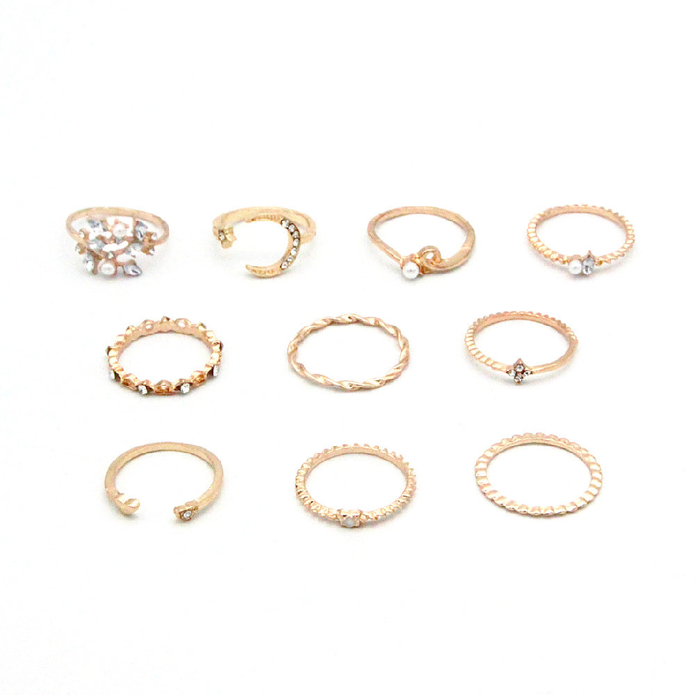 Bohemian Star Moon Love Pearl Leaf 10-Piece Ring - Kaldas Online Shopping