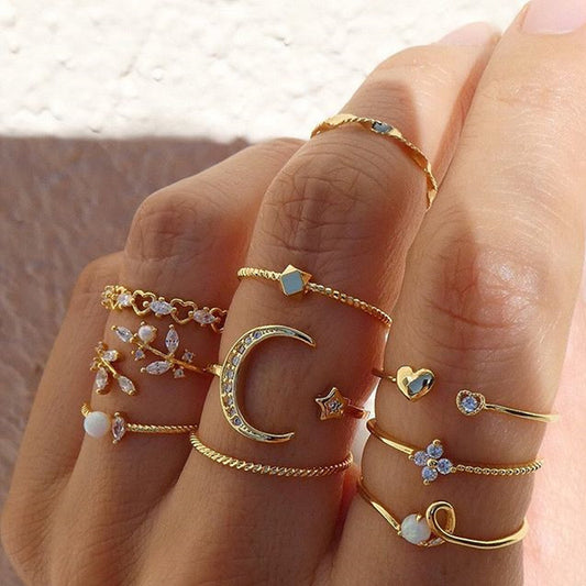 Bohemian Star Moon Love Pearl Leaf 10-Piece Ring - Kaldas Online Shopping