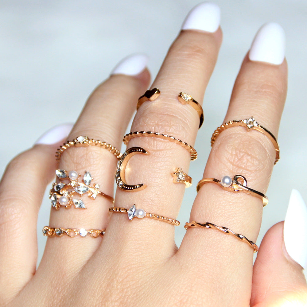 Bohemian Star Moon Love Pearl Leaf 10-Piece Ring - Kaldas Online Shopping