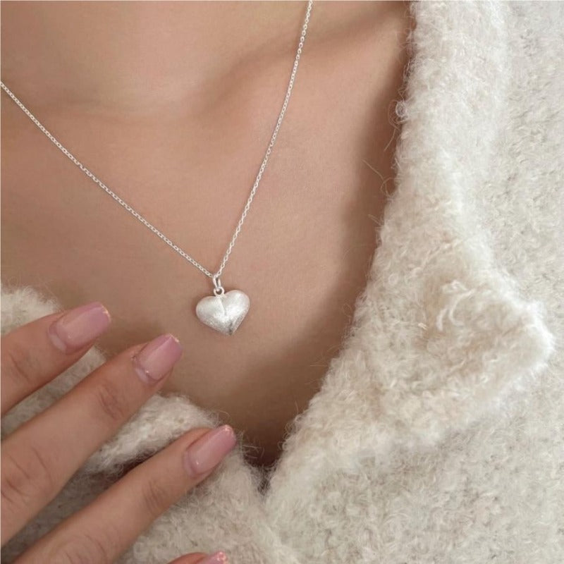 S925 Sterling Silver Brushed Heart Necklace - Kaldas Online Shopping